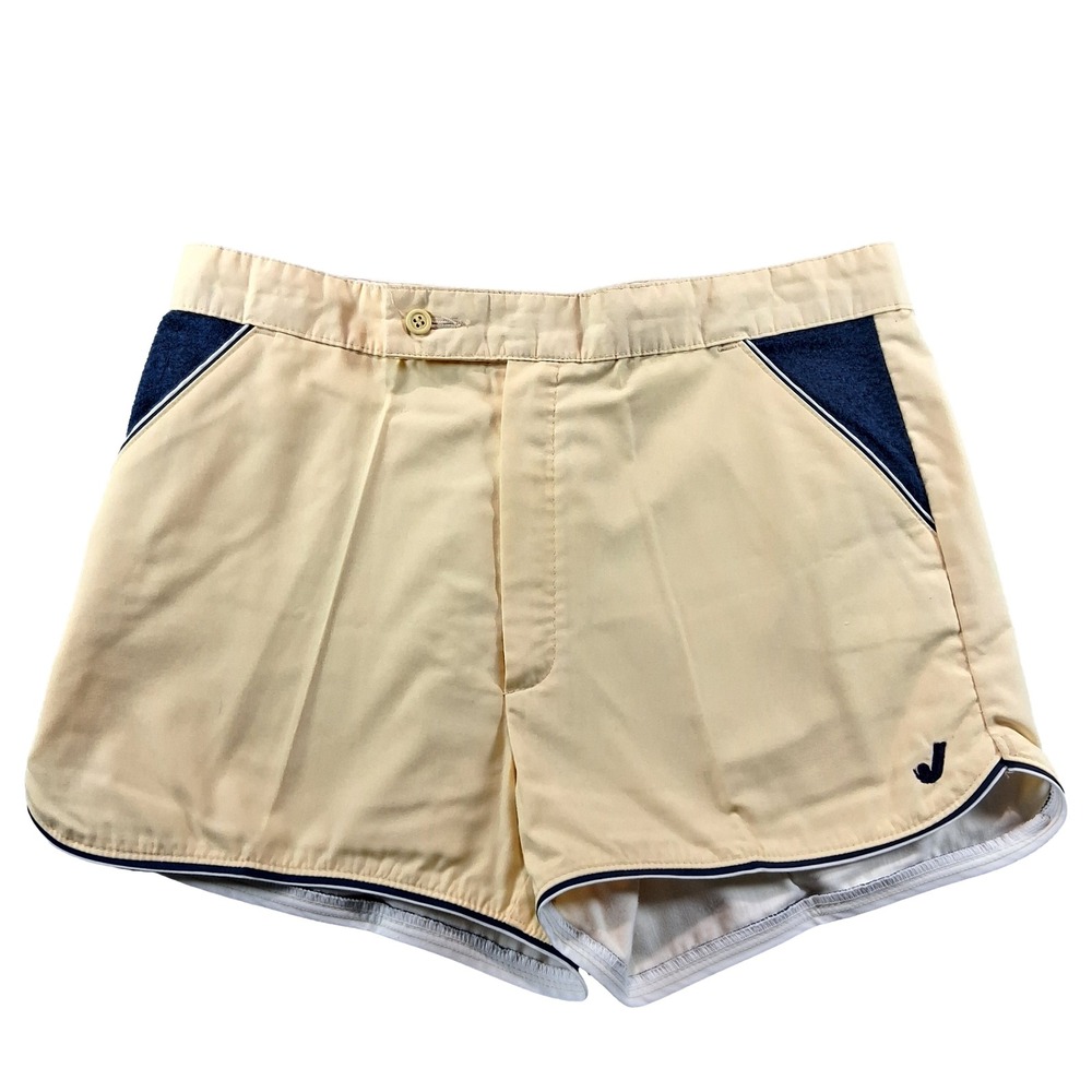 Jantzen Swim Trunks Mens 34 Yellow Vintage 70s 80s Terry Cloth Trim Short Shorts